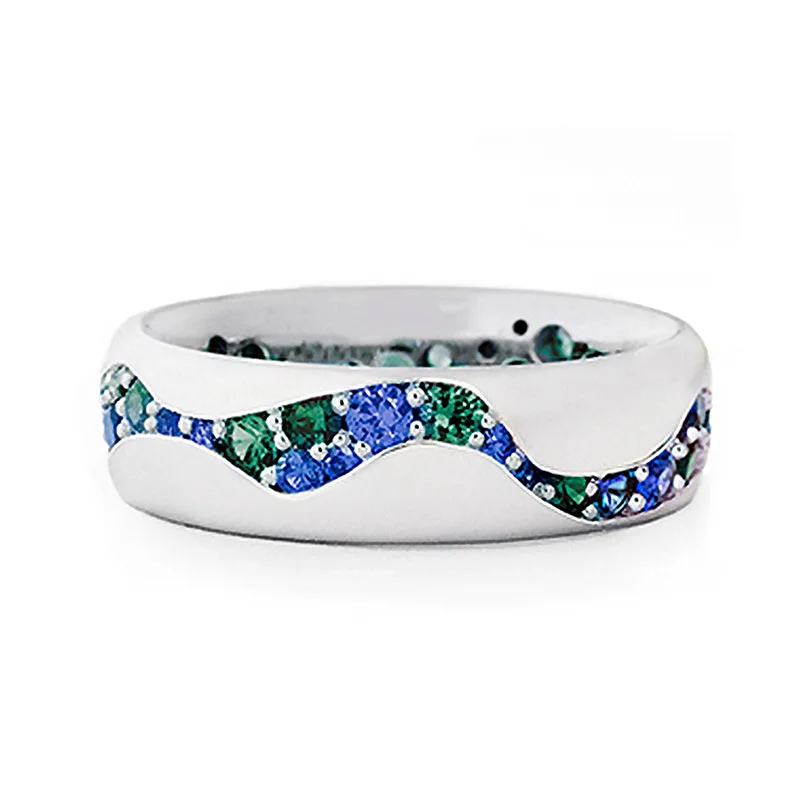 

Женские посеребренные кольца в стиле бохо, круглые волнистые кольца из циркония с сияющим зеленым и синим кубическим цирконием, инкрустиро...