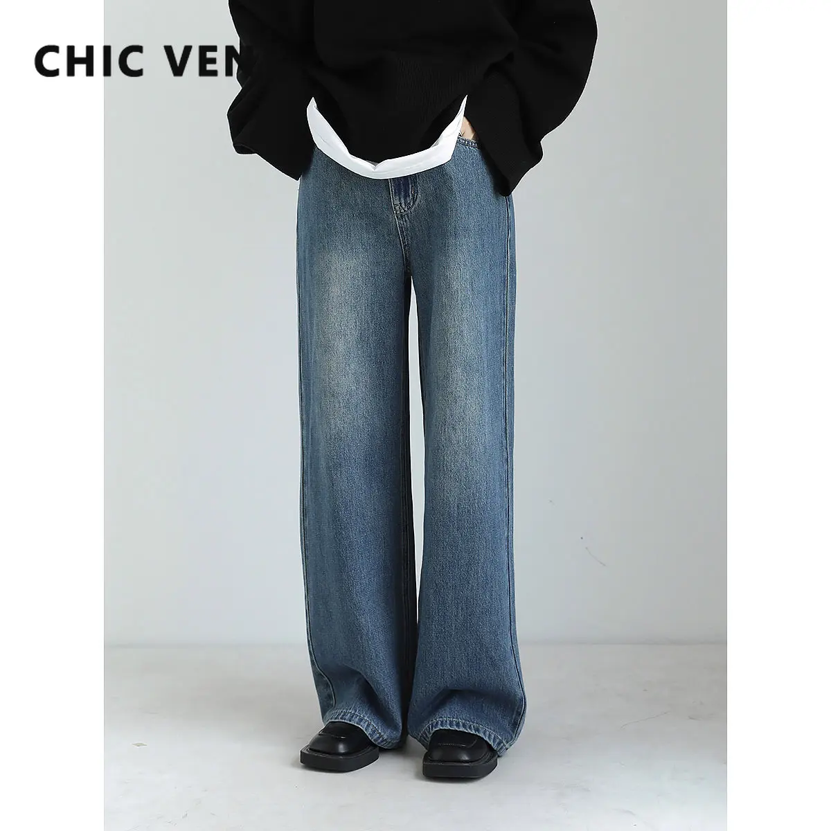 

CHIC VEN Women's Jeans Blue Vintage High Waist Straight Wide Leg Female Trousers Denim Pants Ladies Coat Spring Autumn 2022