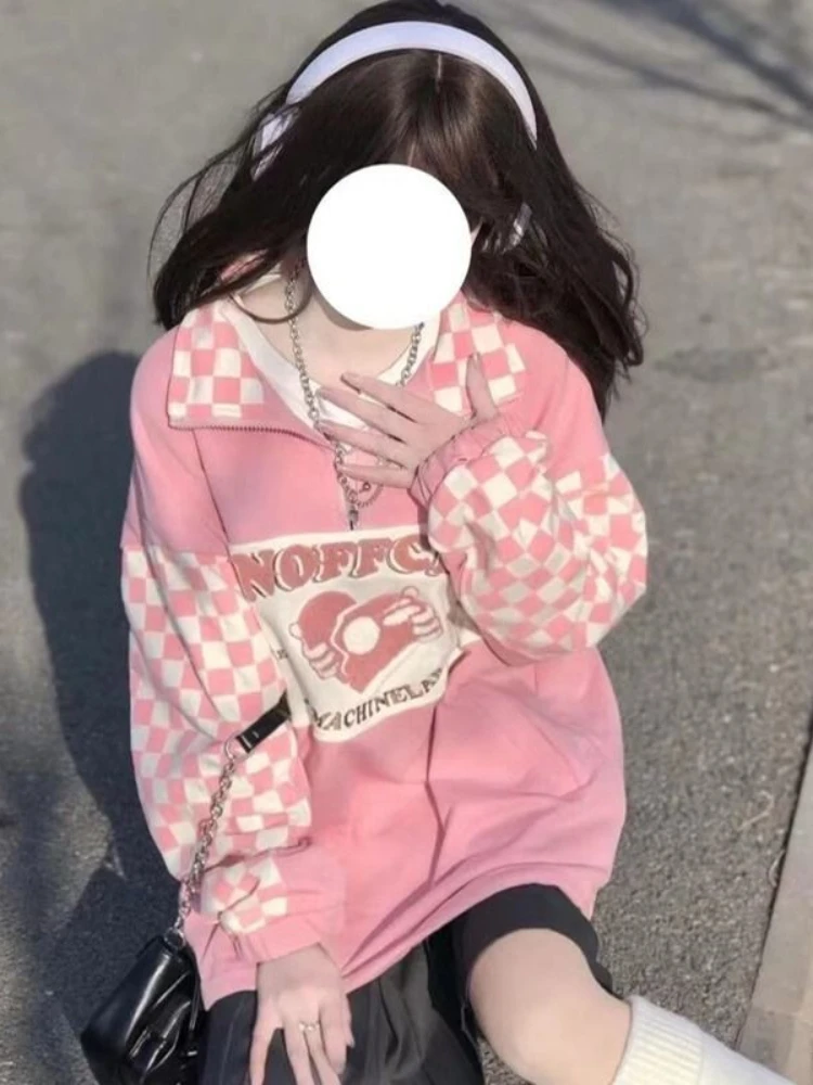 Deeptown Korean Fashion Plaid Hoodies Women Harajuku Kawaii Zip Up Oversized Sweatshirts Pink Checkerboard Casual Tops Vintage