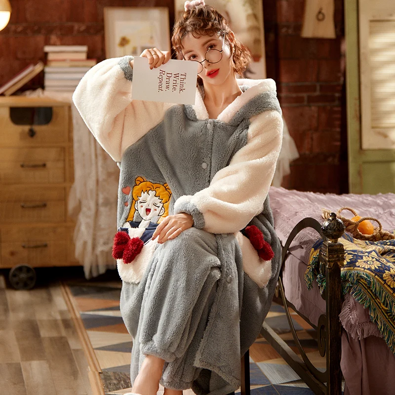 

Женская теплая зимняя пижама из плотного кораллового флиса длинная ночная рубашка + брюки костюм Милая мультяшная фланелевая Домашняя одежда с капюшоном одежда для сна