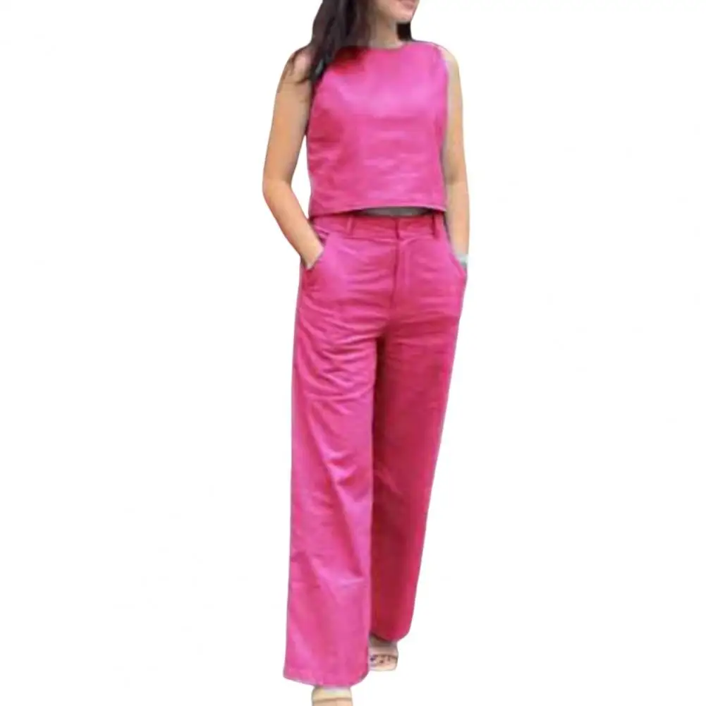 

Женский комплект из 2 предметов, летний однотонный костюм с круглым вырезом, без рукавов, с высокой талией и карманами, короткий жилет, длинные брюки с широкими штанинами