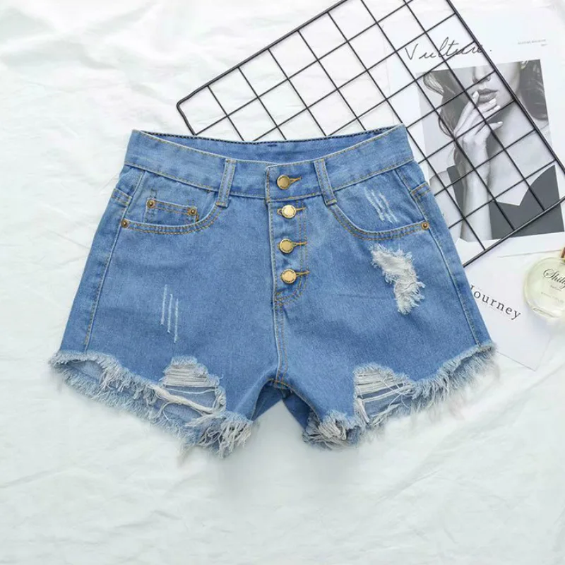

5XL High Waist Buttoned Burrs Denim Shorts Women Sexy Ripped Wide-Leg Shorts Women'S Korean Irregular A-Line Shortss Woman