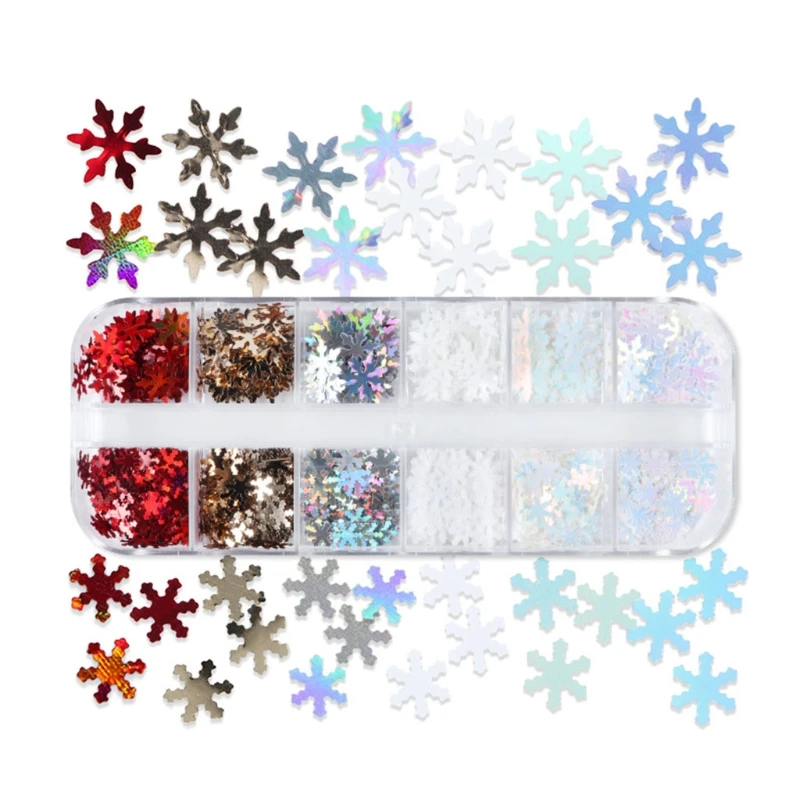 

Q1QD 12 Grid Long Strip Boxed Winter Snowflake Series Nail Sequins Laser Glitter DIY Nail Manicure Stickers Christmas