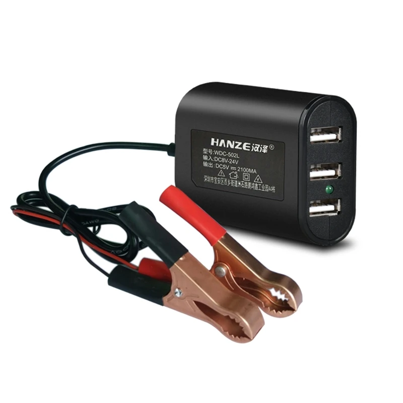 

USB Power Adapter 12V 24V to 5V 2.1A with Battery Clip 3 Ports Charging Adapter