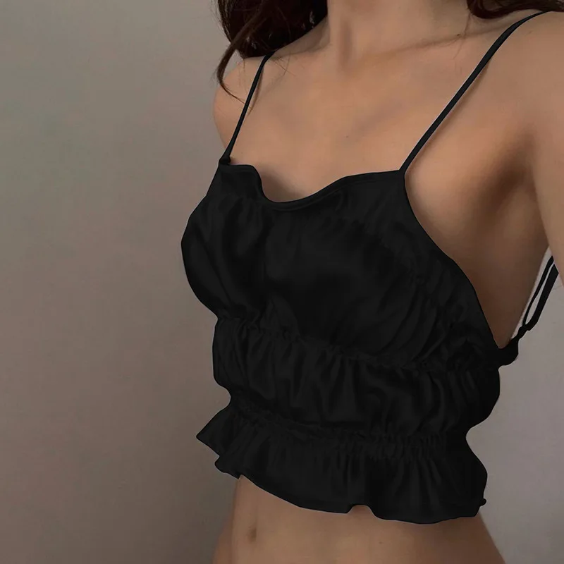 

Женские майки с рюшами, регулируемые майки с оборками и рюшами, черный или синий атласный Топ из шелка, летняя уличная одежда