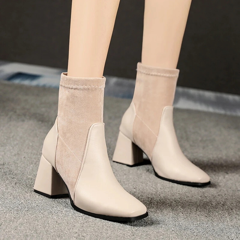 

Botas De Mujer 2023 Ankle Womens Boots Plush Warm Winter Elastic Short Socks Boots Square Toe Heels Gothic Shoes
