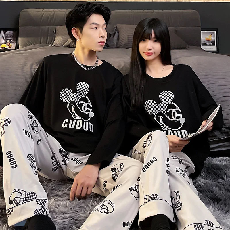 Disney Korean Style Mickey Mouse Pajamas Set for Women Men Couple Two Piecs Suit Casual Loose Pyjama Sleepwear Loungewear Pjs