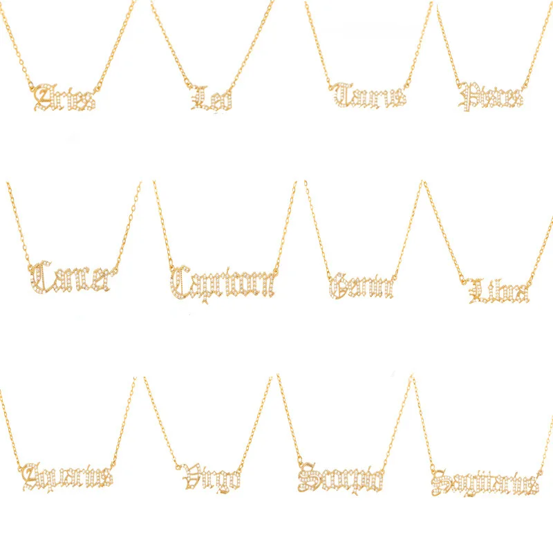 

TULX Zircon Zodiac Necklace For Women 12 Constellation English Letter Jewelry Gold Chain Choker Necklace Bijoux Femme Collar