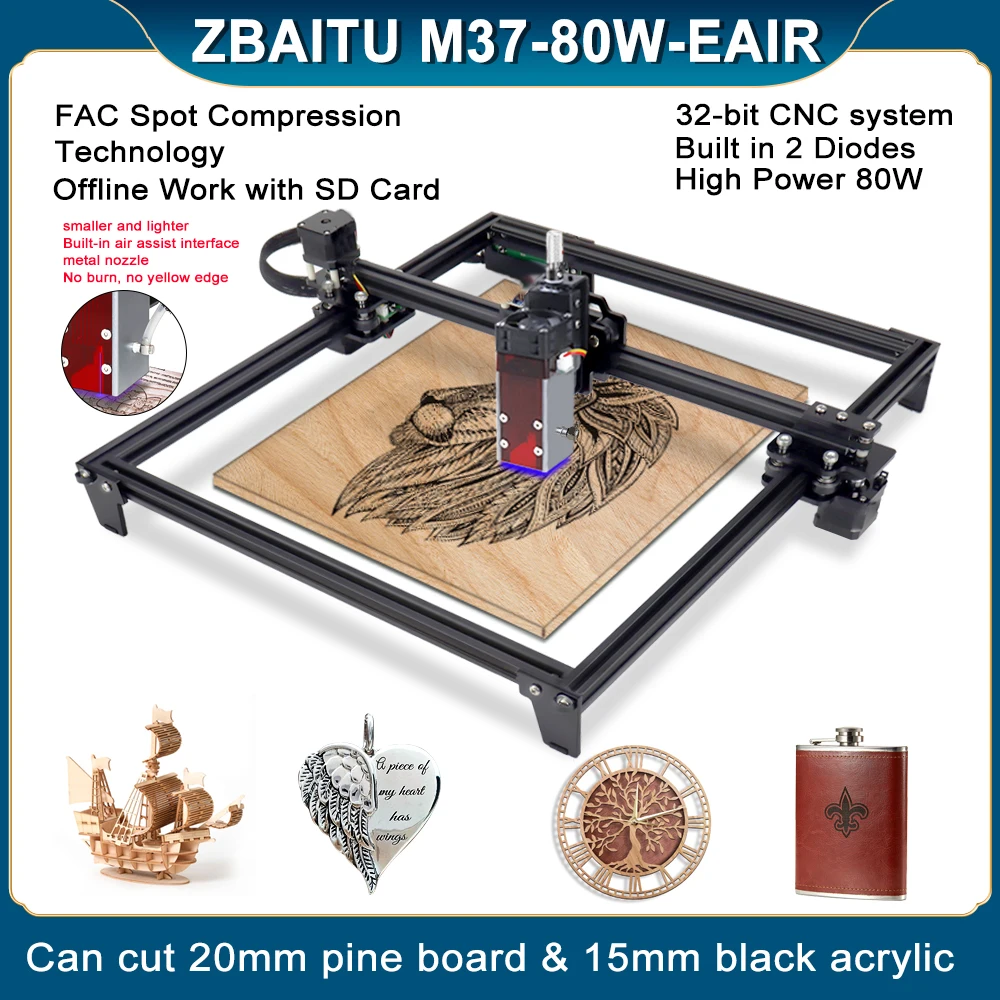 ZBAITU M37-EAIR Laser Engraving Machine 80W Laser Cutter Remaker Wood Engraver 37X37CM with Air Assisted/Offline/FAC Wood Tools