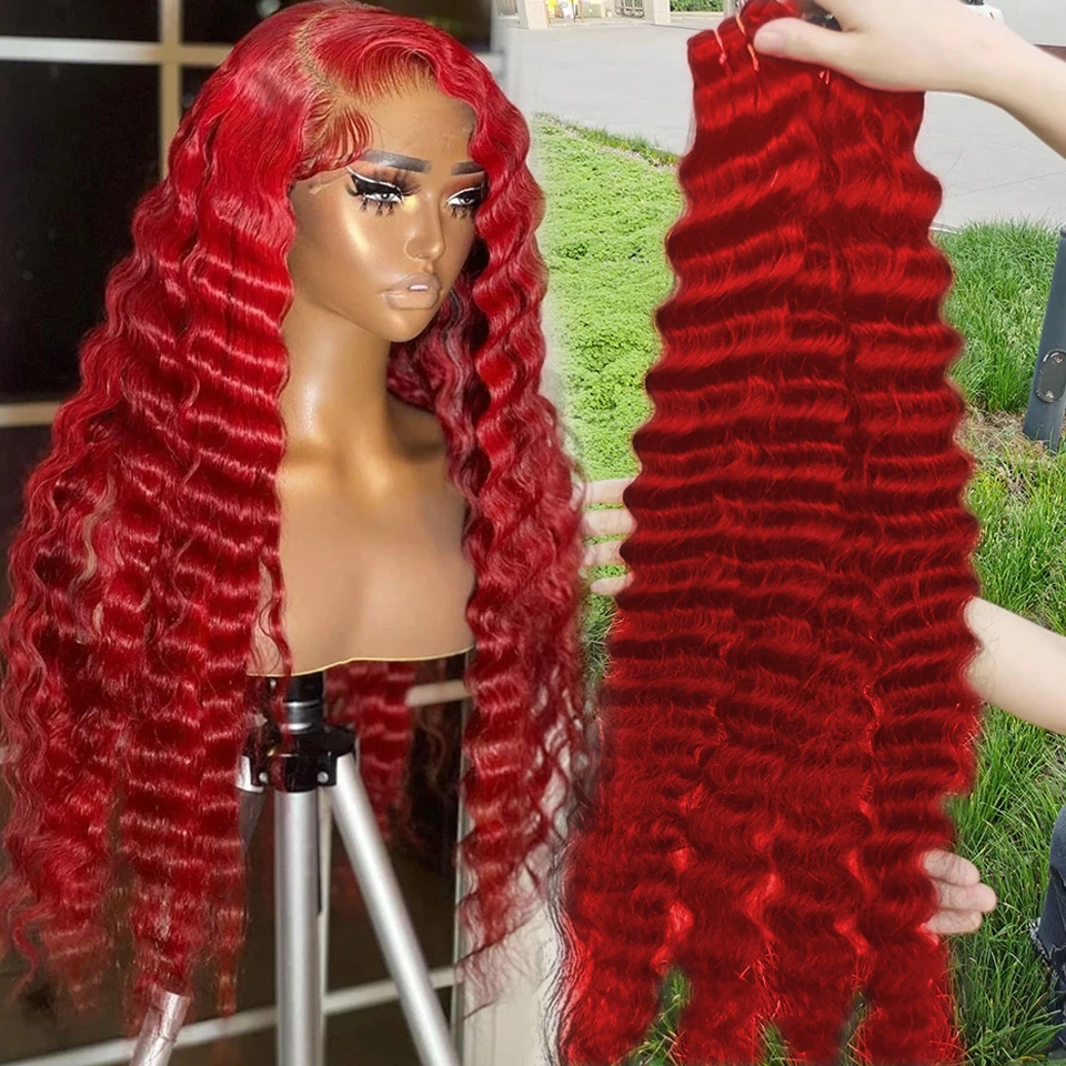 

10-30 дюймов, оптовая продажа, горячие красные пряди свободных глубоких волн, человеческие волосы, бразильские пучки Реми, 1/3/4 шт./партия пряди ...