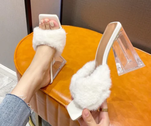 

Womens Fashion Peep Toe Fur Trim Slippers Clear High Heels Sexy Shoes