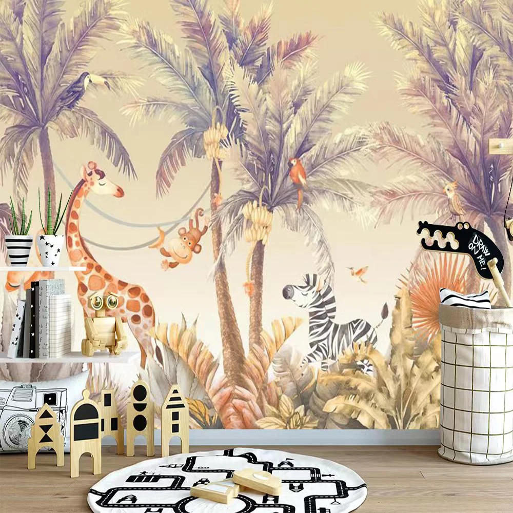 

Bacaz Custom Jungle Animal 3D Cartoon Nursery Mural Wallpaper for Kid Child Room Background Palm Tree Wallcovering Sticker Decor