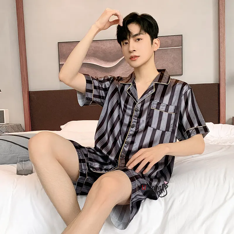 Men Pajama Sets Big Size Lounge Wear Fashion Silk Pajamas Summer Short Pj Set Homewear L-5XL Nightwear Homewear