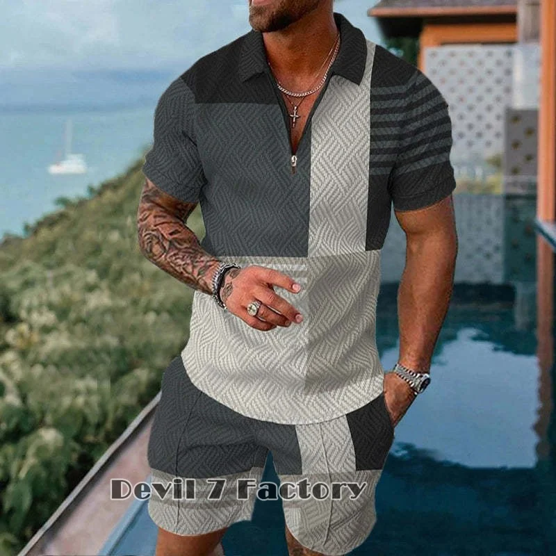 Men's Summer Tracksuit 2 Piece Set Men Jogging Outfits Casual Fashion Male Clothes Lapel Zipper Top Polos Shorts Suit Streetwear