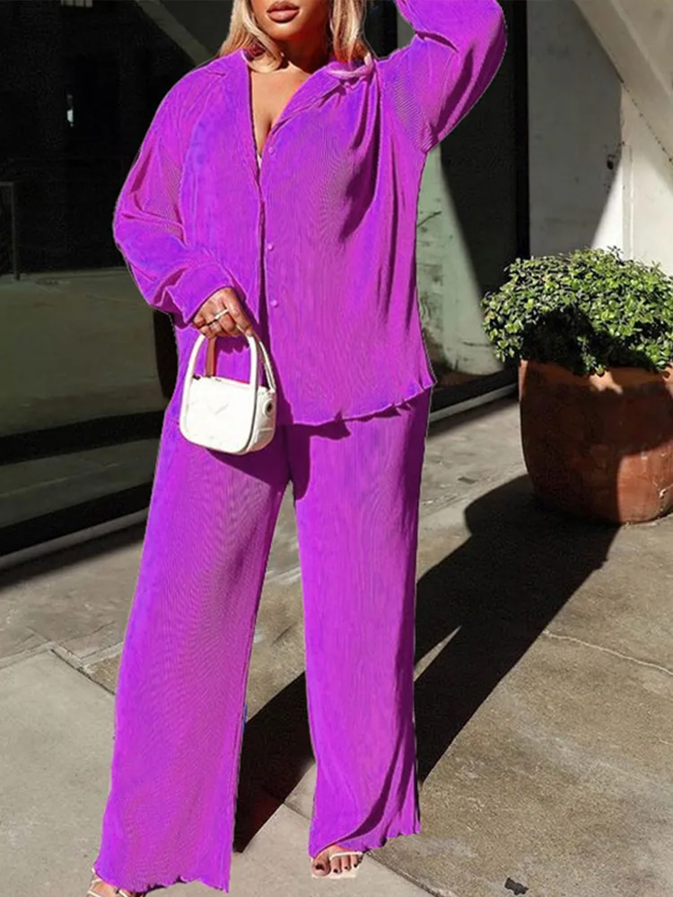 Sexy Solid Suit Two Pieces Outfits Office Lady Long Sleeve Lapel Jacket Coat Suits 2022 Women Casual Wide Leg Trousers Set