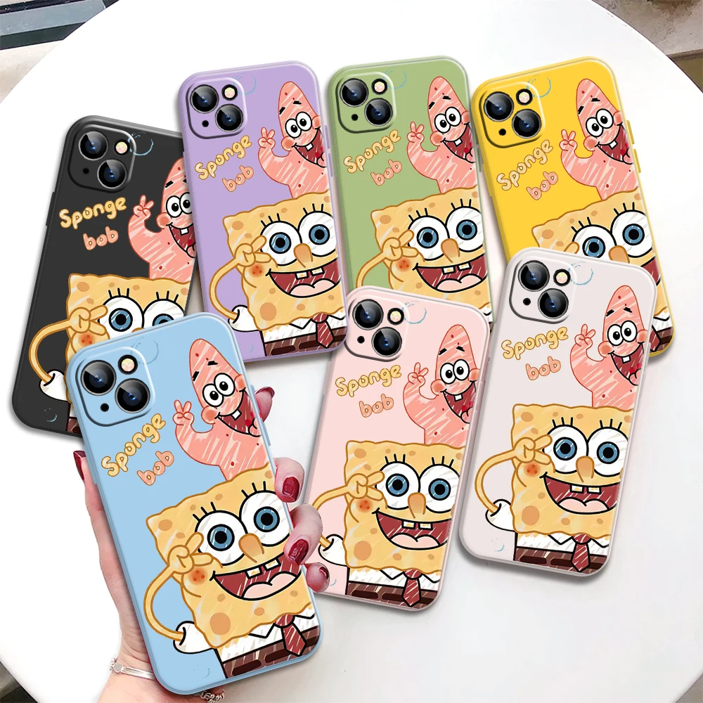

NEW Cute SpongeBob Silicone 2022 Phone Case For iPhone 12 11 13 Pro Max Mini X XS Max XR 7 8 Plus SE2 Full Lens Protection Cover