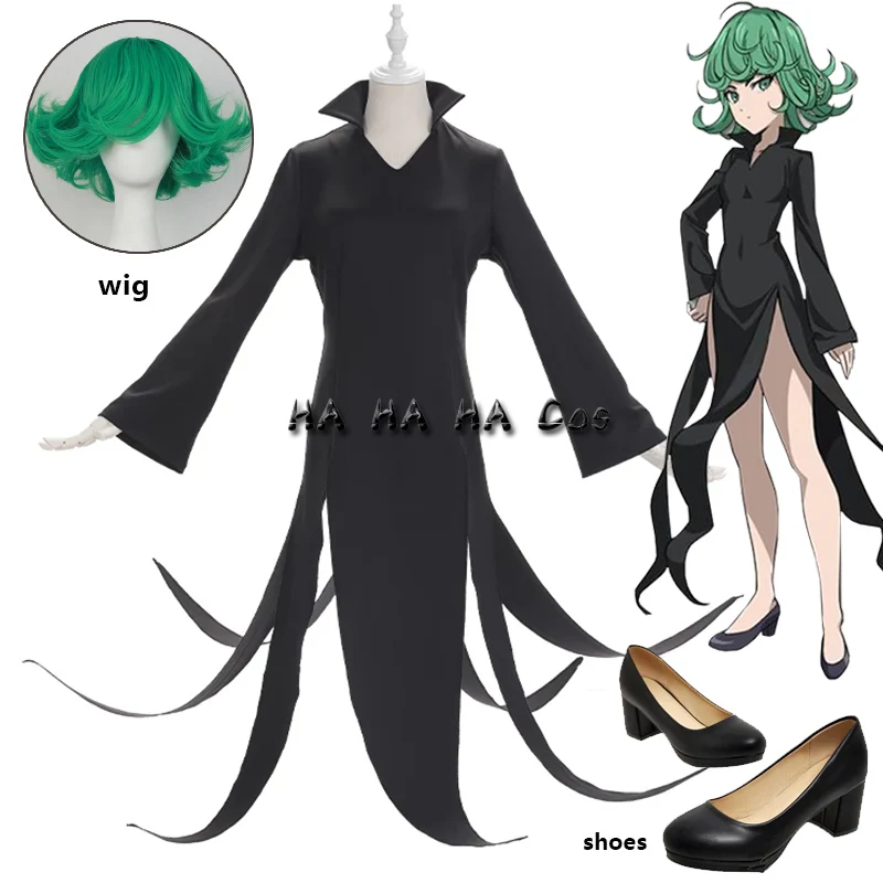 

One Punch Man Senritsu No Tatsumaki Terrible Tornado Anime Cosplay Costume Black Dress Women Girl Outfit / Curly Green Short Wig