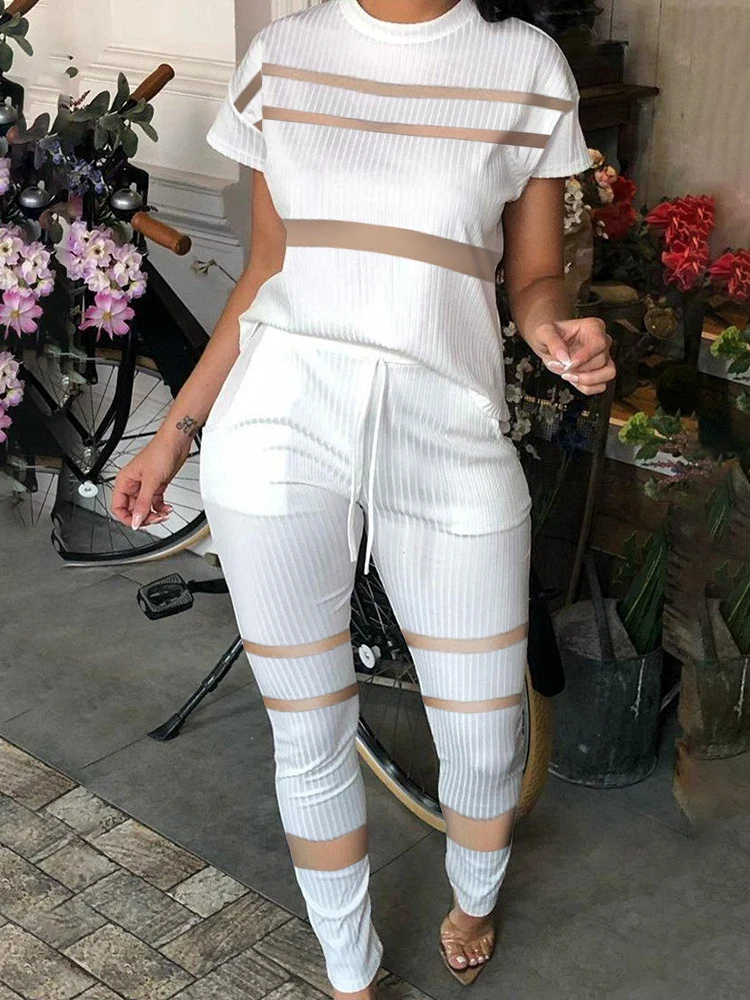 

2022 Women Two Piece Set Short Sleeve Lace Ribbed Tops & Multi Color Print Drawstring High Waist Pants Sets Overalls Women Suits