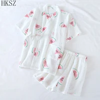 japanese pure cotton crepe short sleeve shorts pijamas de verano para dama thin double layer gauze kimono loungewear set women
