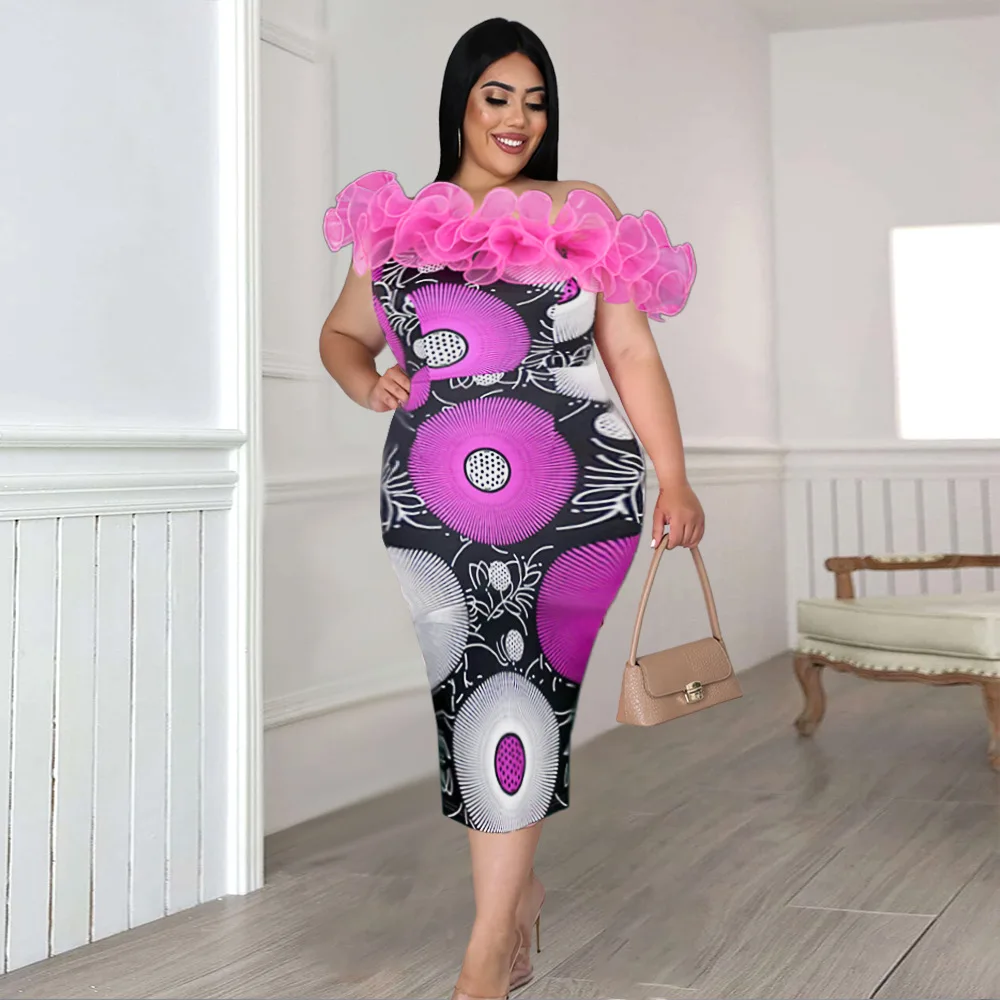 

Sexy Off Shoulder Slash Neck Ruffles Bodycon Dress Evening Party Dress Women Elegant Patchwork Print Floral African Pencil Dress