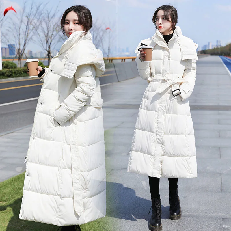 White Down Coat Black Cotton Coat Women Winter Korean Style Slim X-Long Over Knee Coat Hooded Thick Padded Jacket Parka