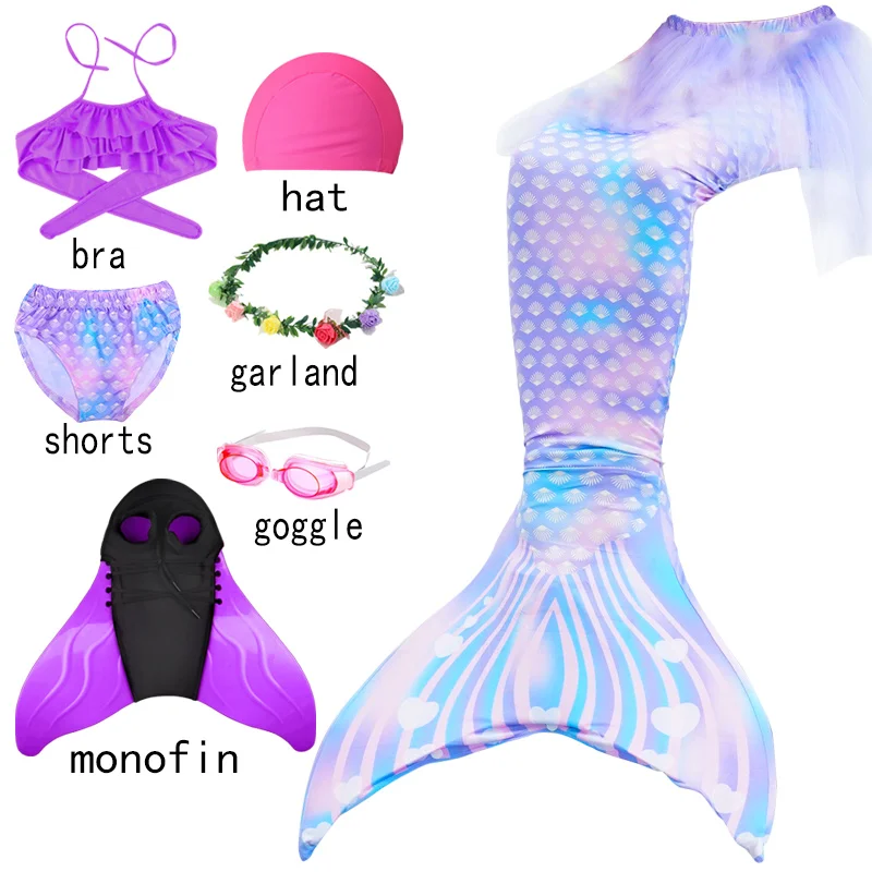

7pcs/Sets Children Little Mermaid Tails with Monofin Swimming Cosplay Costume Kids Girls Swimmable Beach Bikini Bathing Suits