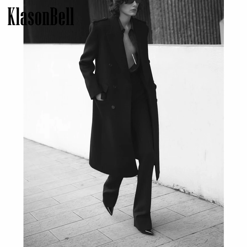 

11.28 KlasonBell Fashion Black Double Breasted Collect Waist Midi Wool Coat Women
