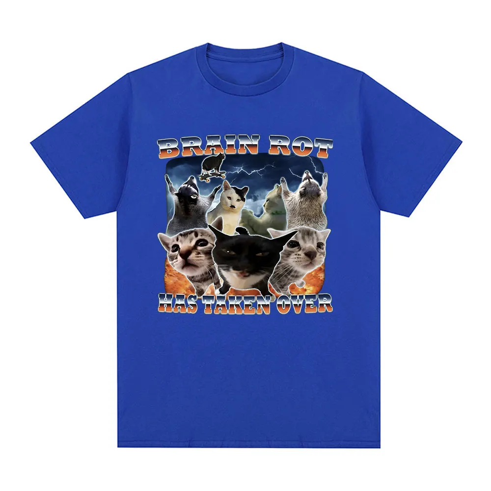 Brain Rot Has Taken Over Funny Cat Meme Graphic T-shirts Mens Harajuku Fashion Oversized T Shirt Cotton Short Sleeve T-shirt Top