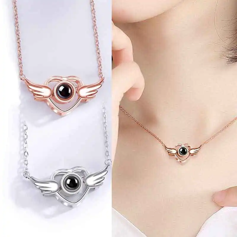 

2022 Fashion Letter Necklace I Love You Projection Pendant Necklace for Women Rose Gold Angel Wings Heart Necklace Jewelry