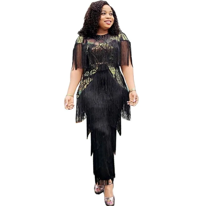 

Sequined Fringe Long Dresses Solid Dashiki Short Sleeves Elegant Party African Dresses For Women Muslim Fashion Robes New Summer