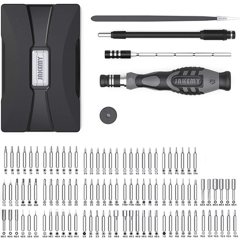 

Premium JAKEMY 106pcs Multifunctional High Precision Extension Soft Rod Tweezers Screwdriver Bits & Socket Set