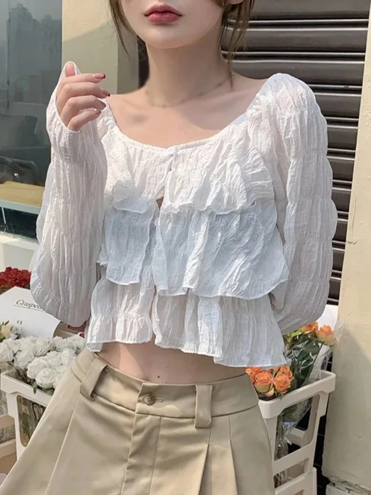 Рубашка женская шифоновая с оборками модная блуза круглым вырезом и длинными