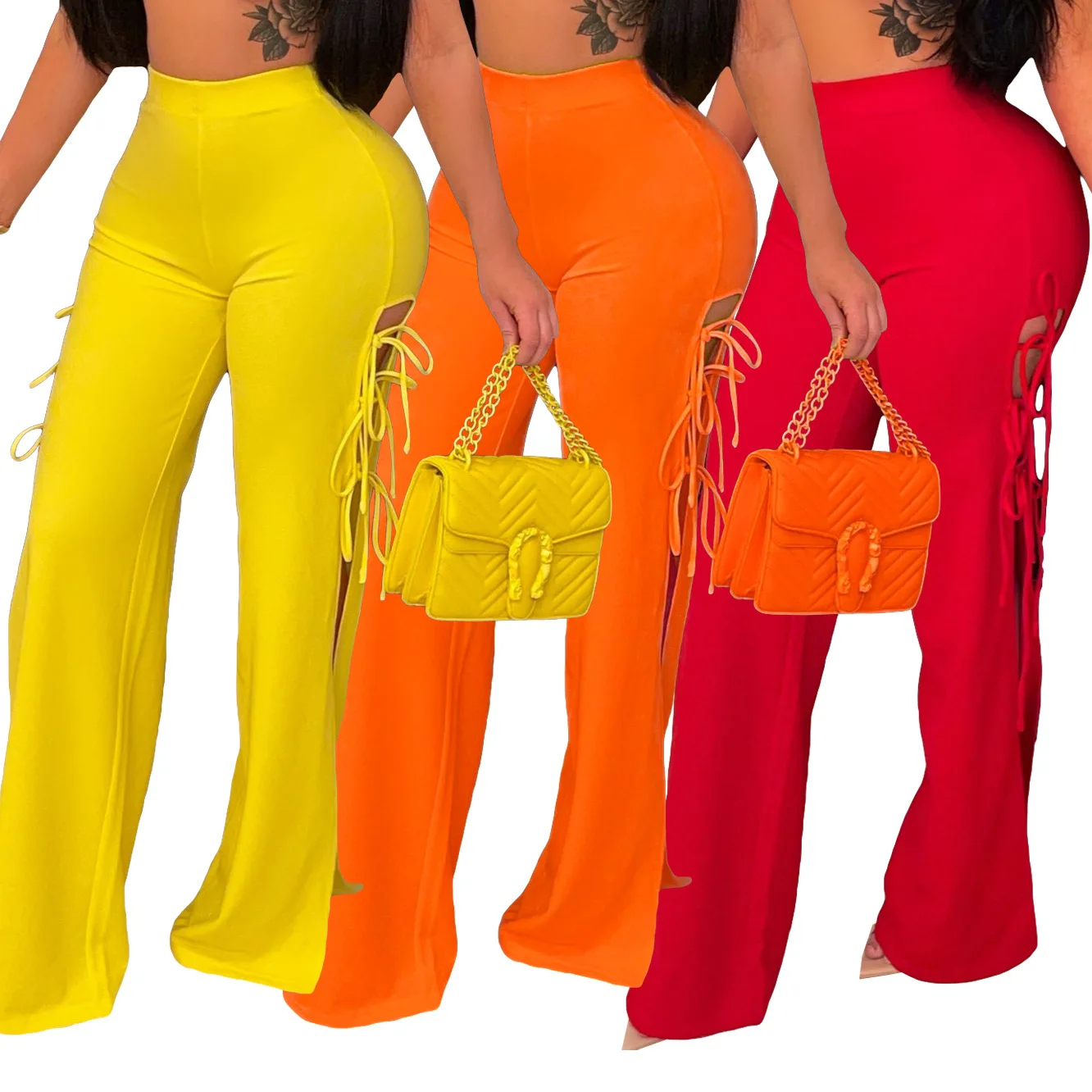 

30M7470 Spring/Summer Pants Women New 2022 Womens Fashion Sexy Solid Color Strappy Flared Wide-leg Casual Ladies Trousers