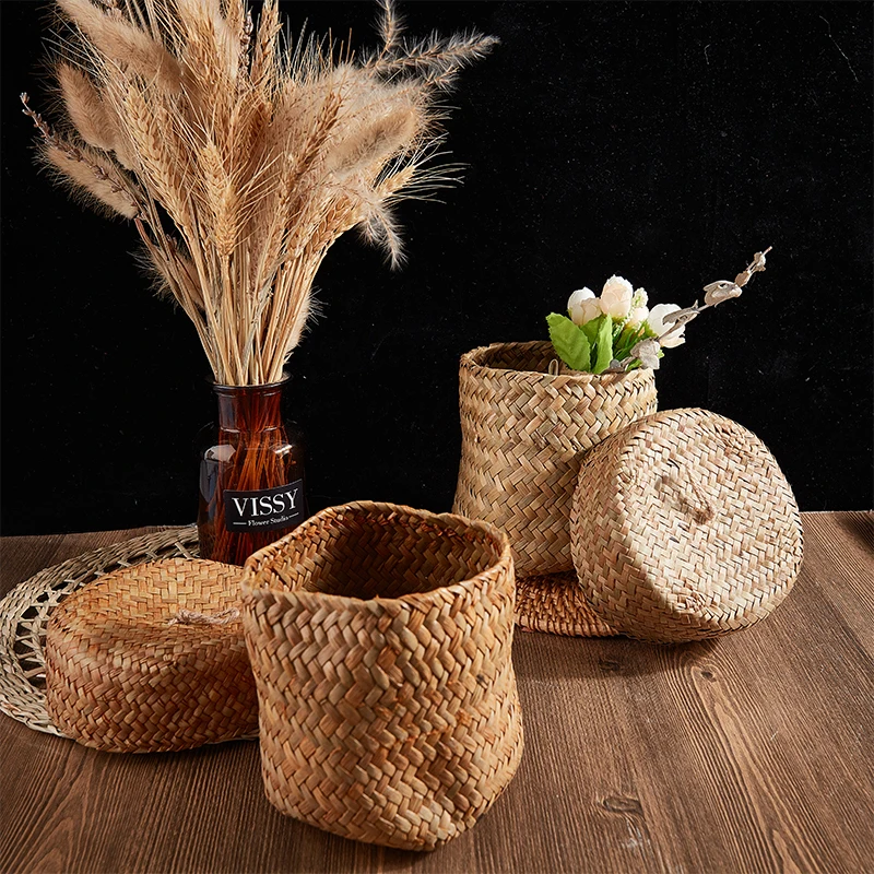 

Weaving Snack Storage Box Handmade Storage Baskets Wicker Wardrobe Table Round Gift Box Wicker Seagrass Flower Pot Home Sundries