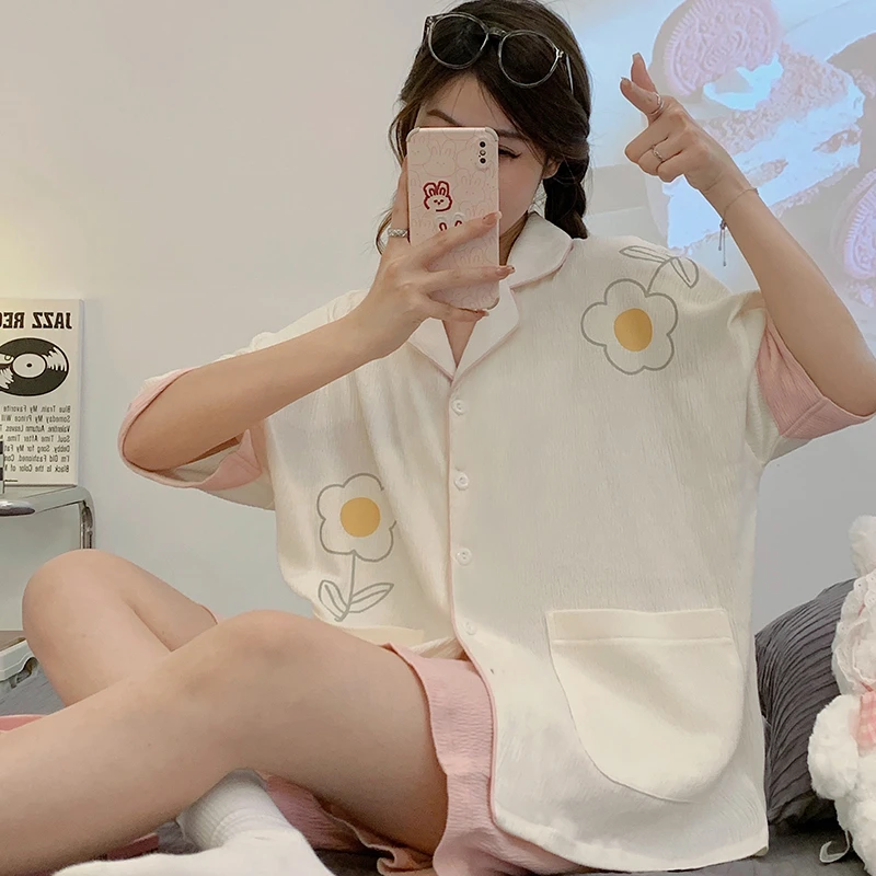 Summer Women Pajama Sets For Adult Sweet Sleepwear Cotton Flower Print Pyjama Pour Femme Korean Girl Homewear Female Pijama