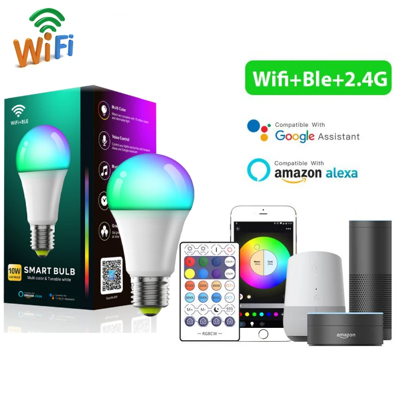 

Умная лампа с Wi-Fi, 10 Вт, RGB + CCT E27, диммируемая Светодиодная лампа с таймером и голосовым управлением, лампа для умного дома, совместимая с Amazon ...