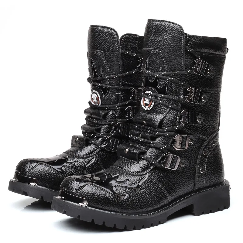 

Winter Men Motorcycle Boots 2022 New Fashion Mid-Calf Punk Rock Punk Shoes Mens PU Leather Black High top Mens Casual Boot 38-46
