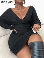 onelink sexy deep v neck collar blackline solid black wrap over top long sleeves a line plus size womens sweater mini dress