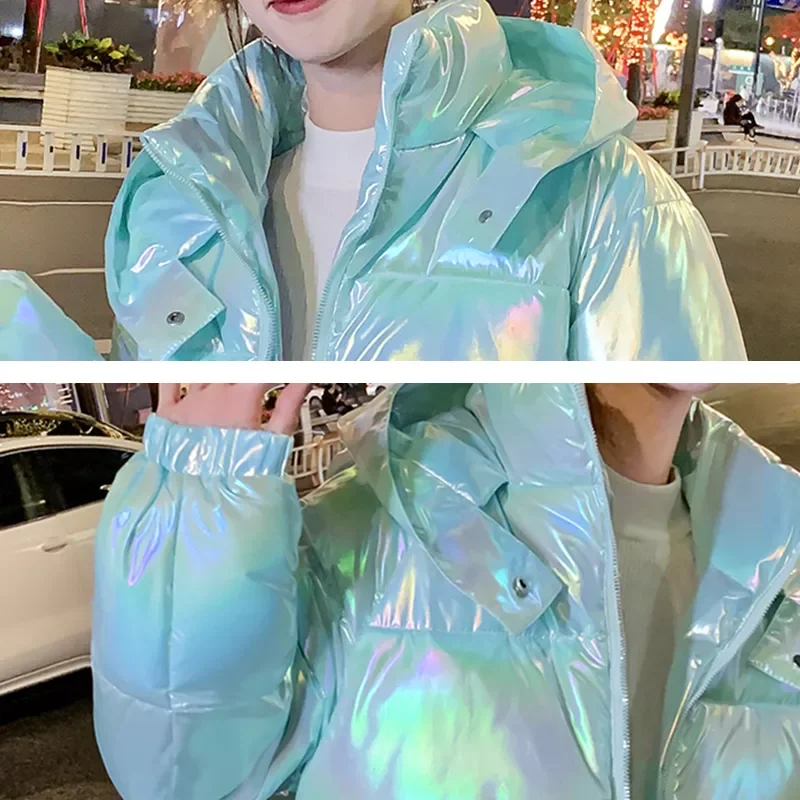 New2022 Coats Women's Shinny Hooded Long Sleeve Zipper Pockets Ladies Casual Thick Winter Jacket Cold Coat for Female 2021