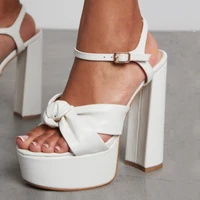 white matte leather chunky heel sandals high platform butterfly knot buckle strap banquet shoes open toe summer dress shoes