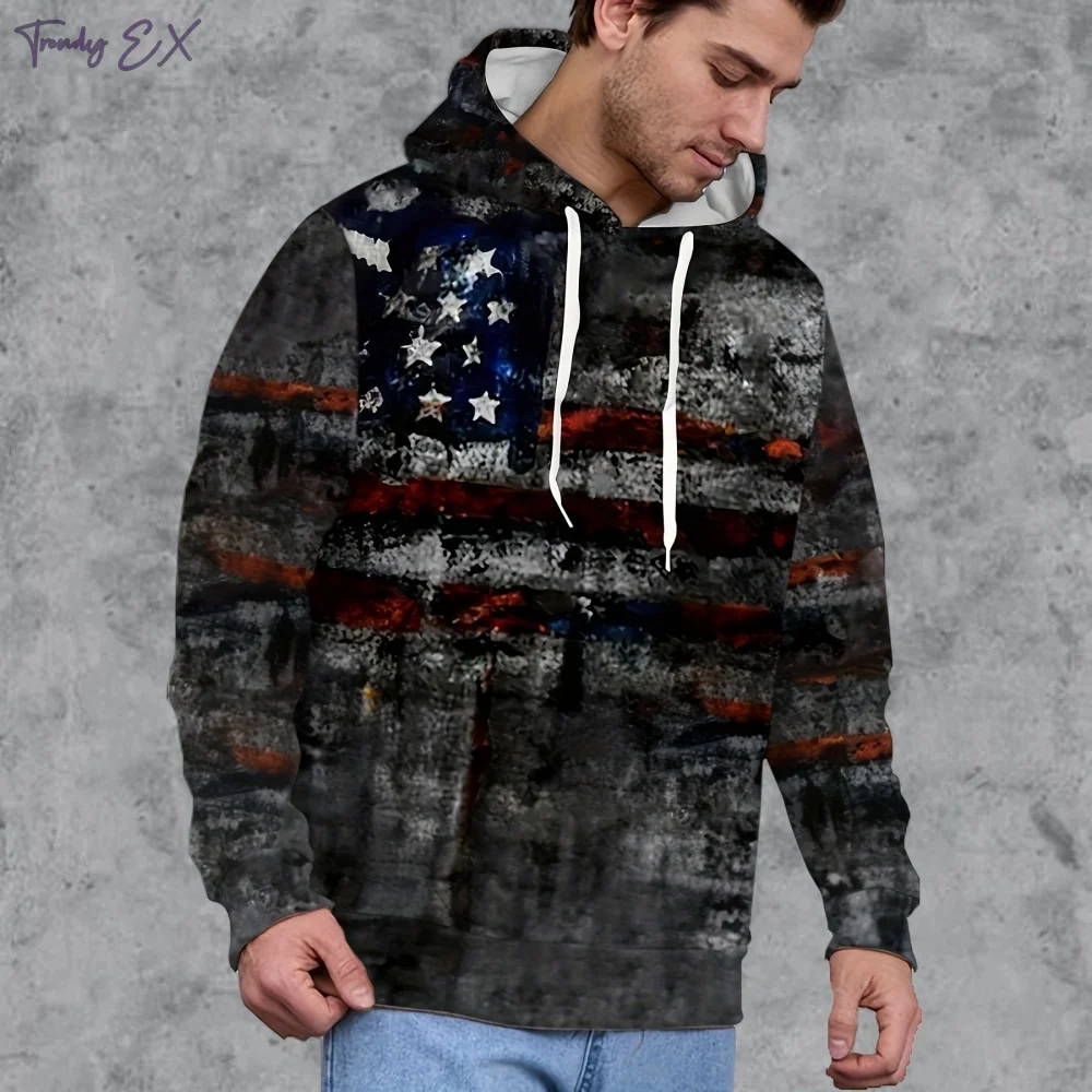 Vintage Flag Print Men's Sweatshirt Casual Streetwear Drawstring Raphic Hoodies Spring Fall Long Sleeve Hooded Man