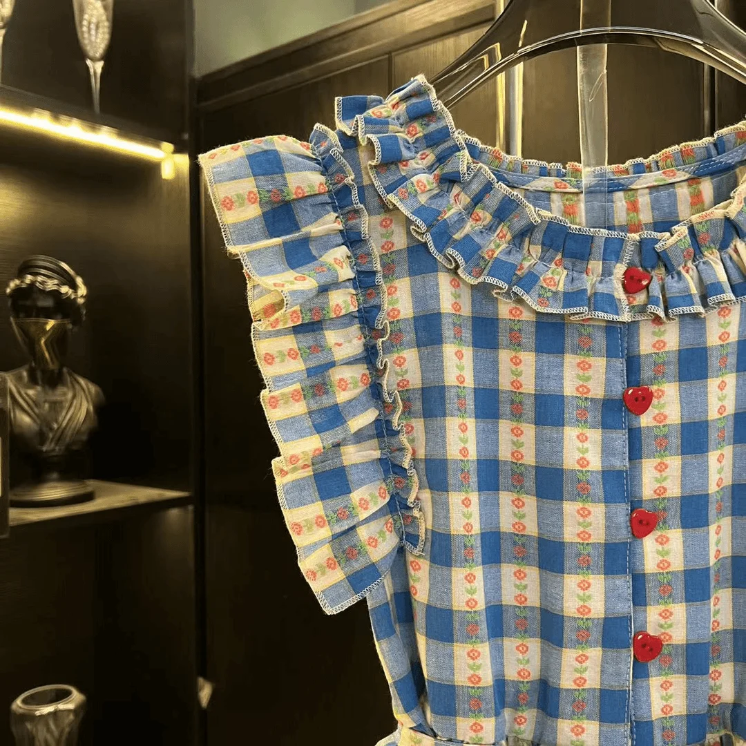 Французское синее романтичное кружевное платье в клетку Новинка лета 2024 легкая и