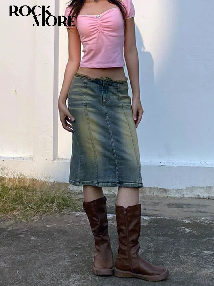 

Rockmore Vintage Y2K Blue Straight Denim Skirt Low Waist Women American Retro Aesthetic Midi Skirts Streetwear Grunge Outfits