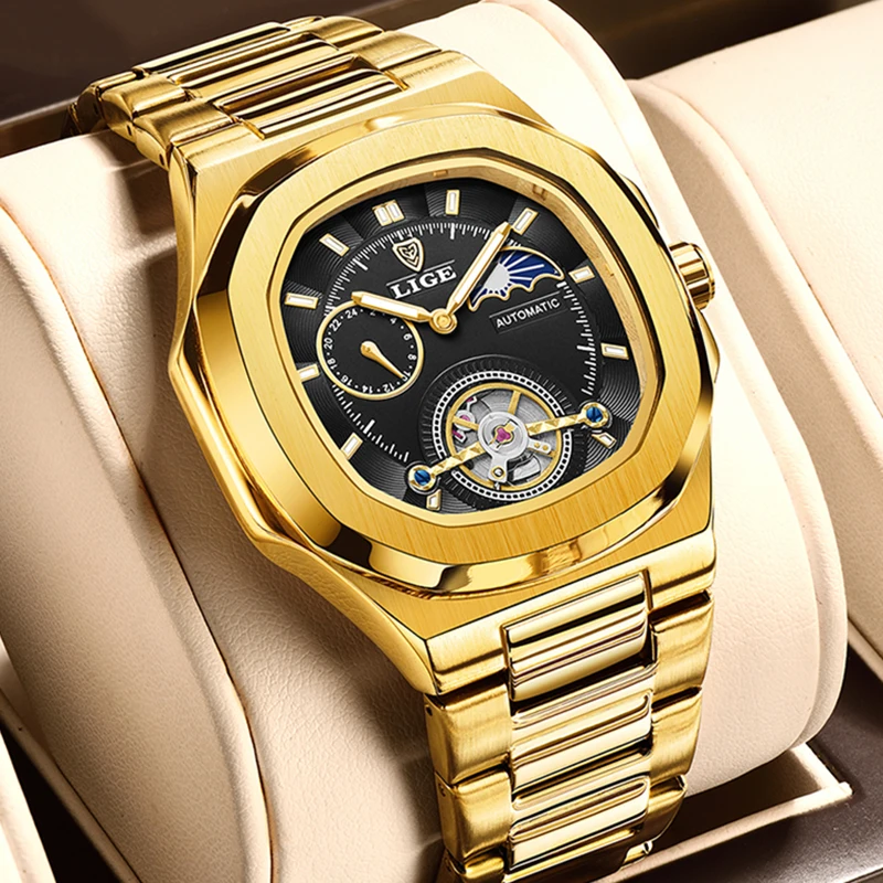 LIGE модные квадратные автоматические часы для мужчин повседневные деловые