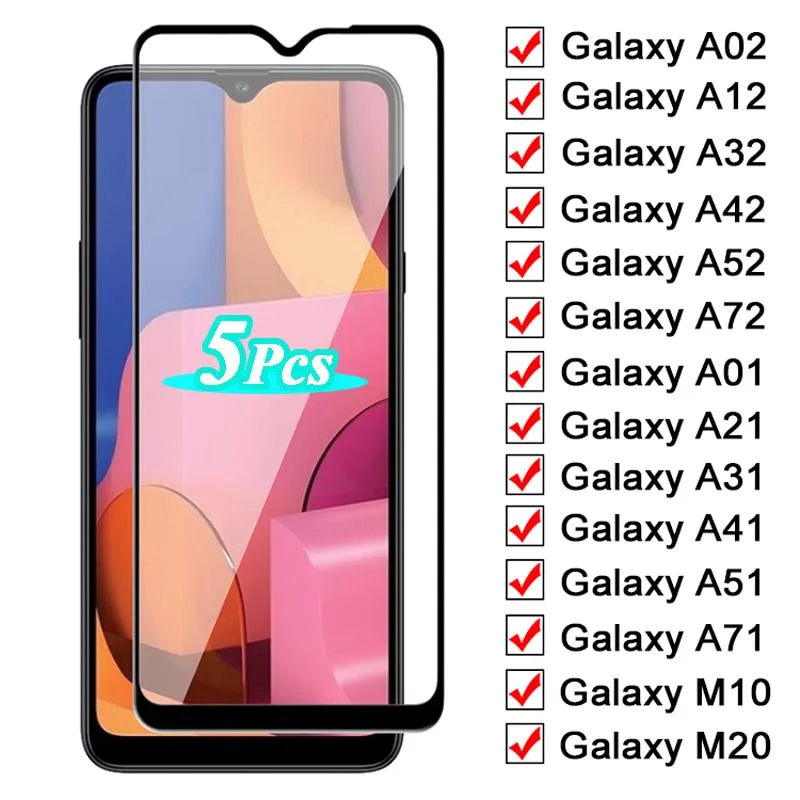 Protector de pantalla de vidrio templado 9D para móvil, pegamento completo para Samsung Galaxy A01, A21, A31, A41, A51, A71, A02, A12, A32, A42, A52, A72, 5 unidades
