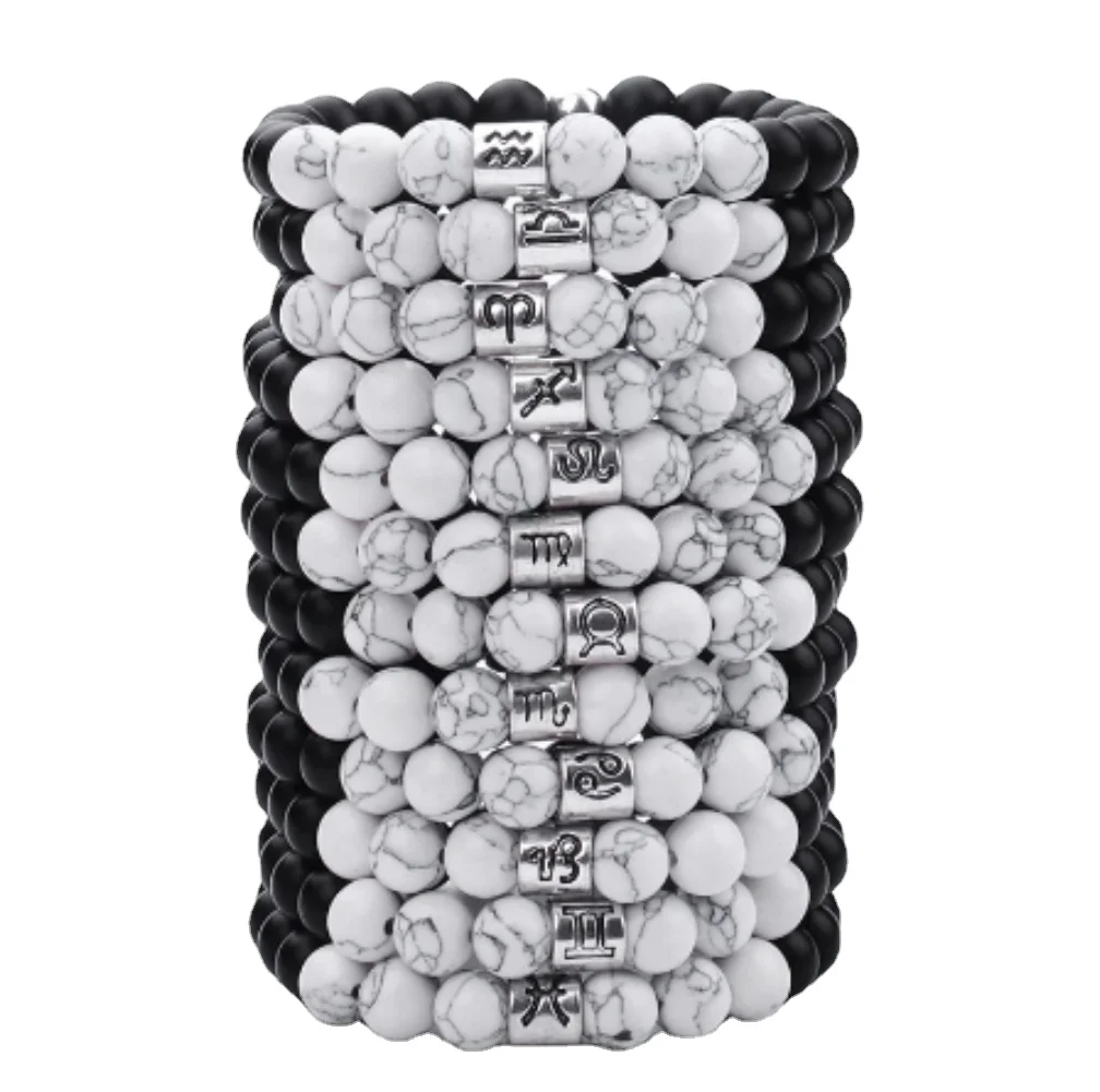 12 Zodiac Signs Frosted Bracelet 8mm Handmade Vintage White Turquoise Elastic Charm Bracelet Jewelry Birthday Mother's Day Gift