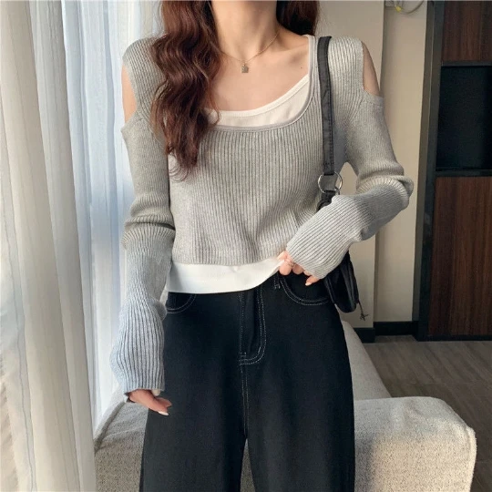

Strapless Gray Hollowed Loose Tops Slim Woman Pullover Knitted Sweater Jumper Spring Top Cloth Clothes Women Girl Lady Suéter