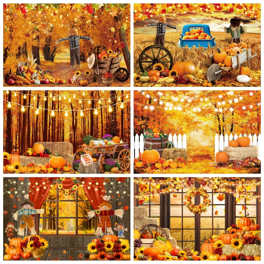 

Autumn Scenery Farm Barn Haystack Backdrop Fall Forest Maple Pumpkin Thanksgiving Harvest Baby Portrait Photography Background