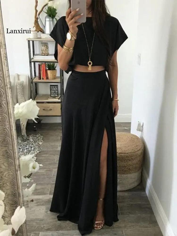 

Women Casual Boho Black Slit Long Dresses Set Fashion Party Solid Short Sleeve Crop Top 2 Piece Suit Summer Beach Clothing