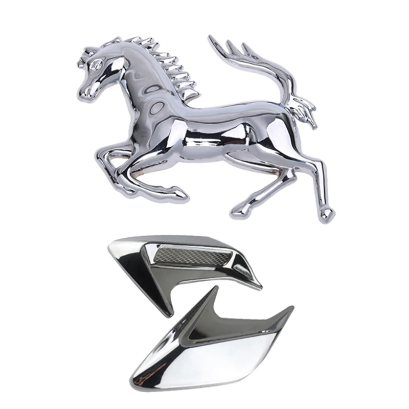 

1X Silver Horse Logo Emblem Badge 3D Sticker For Car & 2Pcs Abs Plastic Car Side Vent Air Flow Fender Intake Sticker